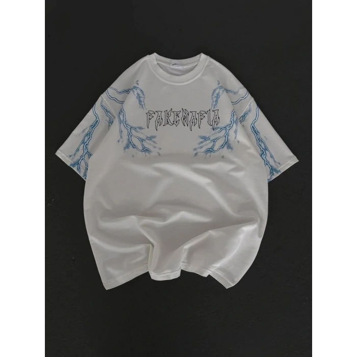 Unisex Bisiklet Yaka Baskılı Oversize T-Shirt - Beyaz