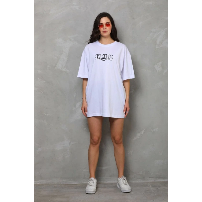 Unisex Bisiklet Yaka Baskılı Oversize T-Shirt - Beyaz