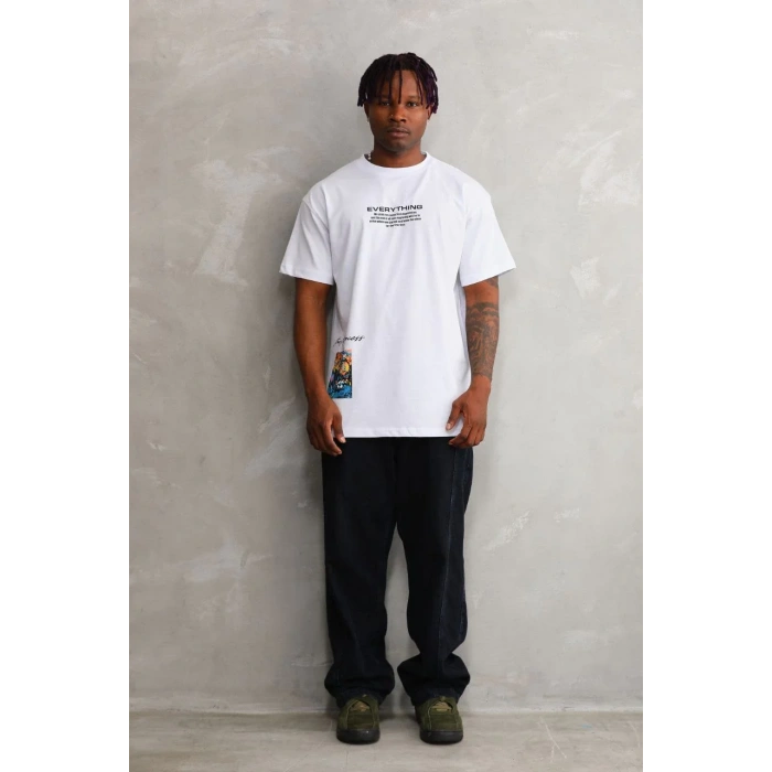 Unisex Bisiklet Yaka Baskılı Oversize T-Shirt - Beyaz