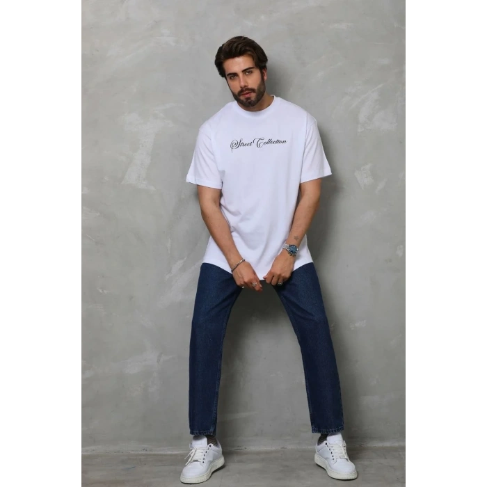 Unisex Bisiklet Yaka Baskılı Oversize T-Shirt - Beyaz