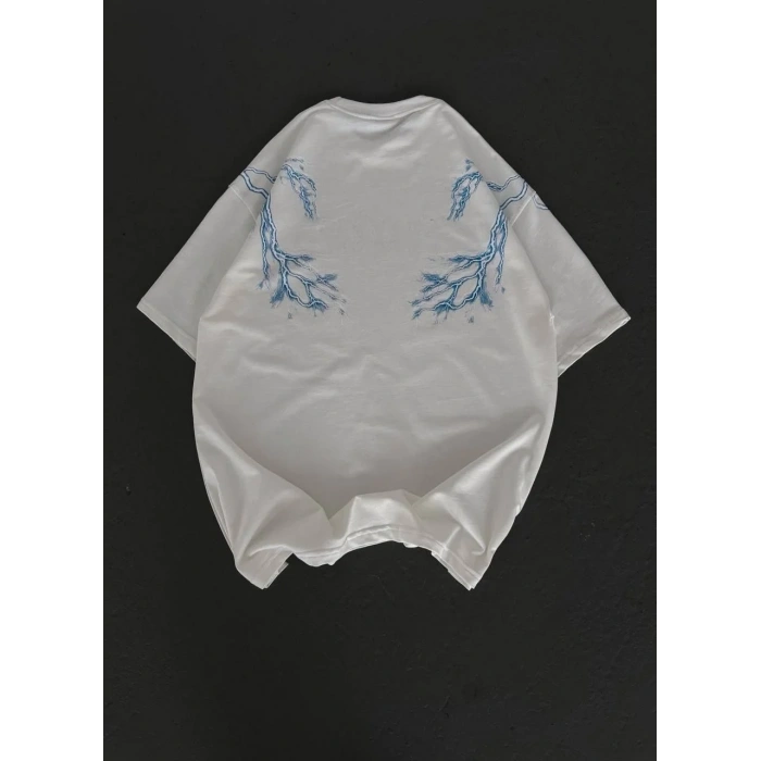 Unisex Bisiklet Yaka Baskılı Oversize T-Shirt - Beyaz