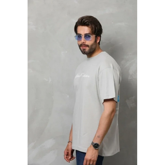 Unisex Bisiklet Yaka Baskılı Oversize T-Shirt - Gri