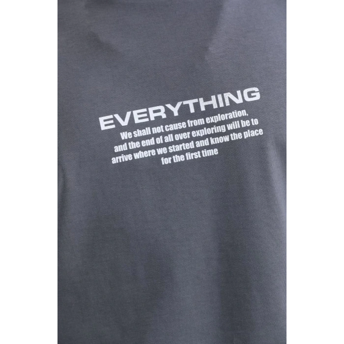 Unisex Bisiklet Yaka Baskılı Oversize T-Shirt - Gri