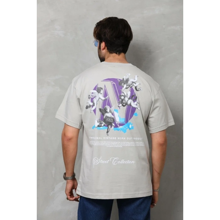 Unisex Bisiklet Yaka Baskılı Oversize T-Shirt - Gri