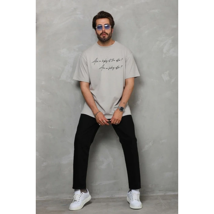 Unisex Bisiklet Yaka Baskılı Oversize T-Shirt - Gri