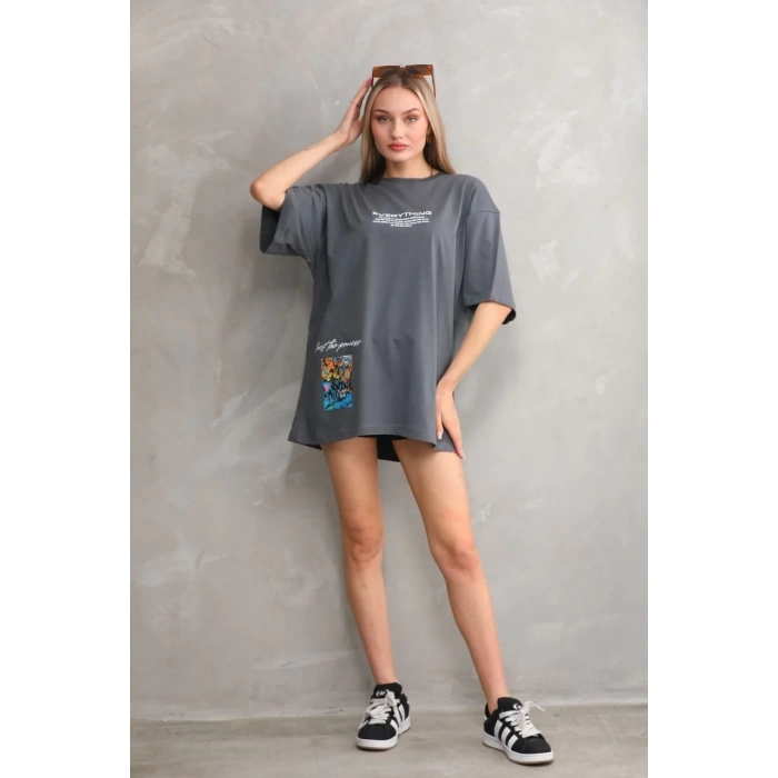 Unisex Bisiklet Yaka Baskılı Oversize T-Shirt - Gri