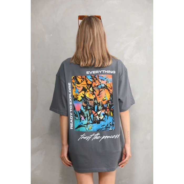 Unisex Bisiklet Yaka Baskılı Oversize T-Shirt - Gri