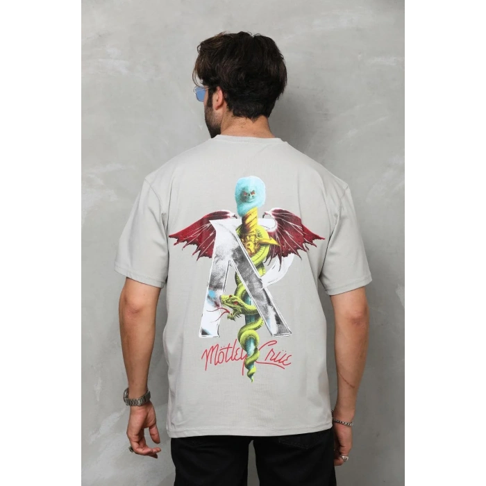 Unisex Bisiklet Yaka Baskılı Oversize T-Shirt - Gri