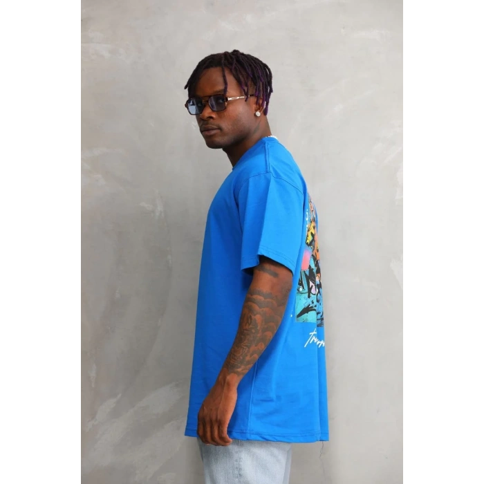 Unisex Bisiklet Yaka Baskılı Oversize T-Shirt - Mavi
