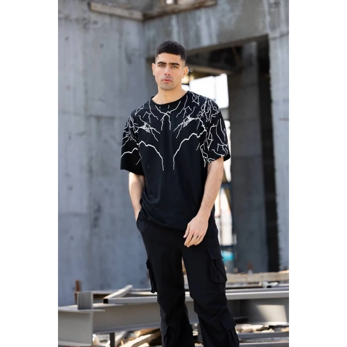 Unisex Bisiklet Yaka Baskılı Oversize T-Shirt - Siyah