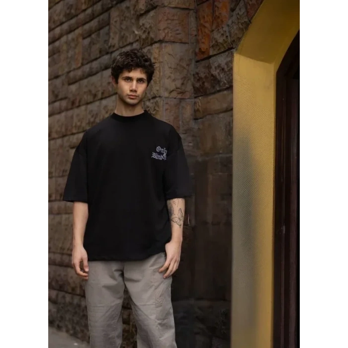 Unisex Bisiklet Yaka Baskılı Oversize T-Shirt - Siyah