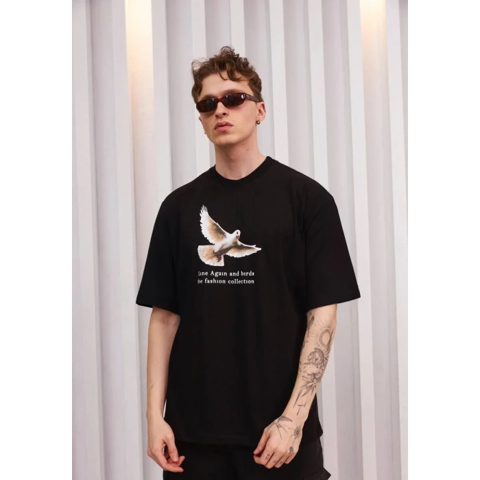 Unisex Bisiklet Yaka Baskılı Oversize T-Shirt - Siyah