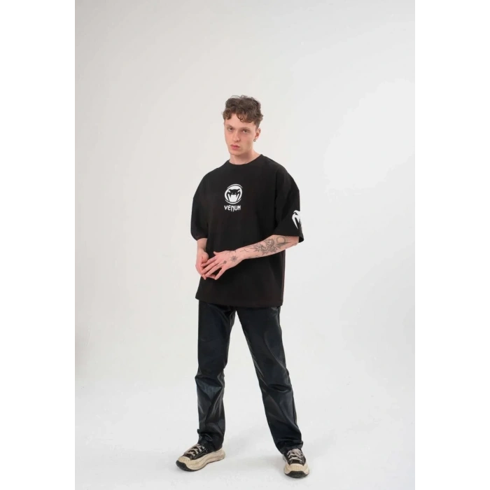 Unisex Bisiklet Yaka Baskılı Oversize T-Shirt - Siyah