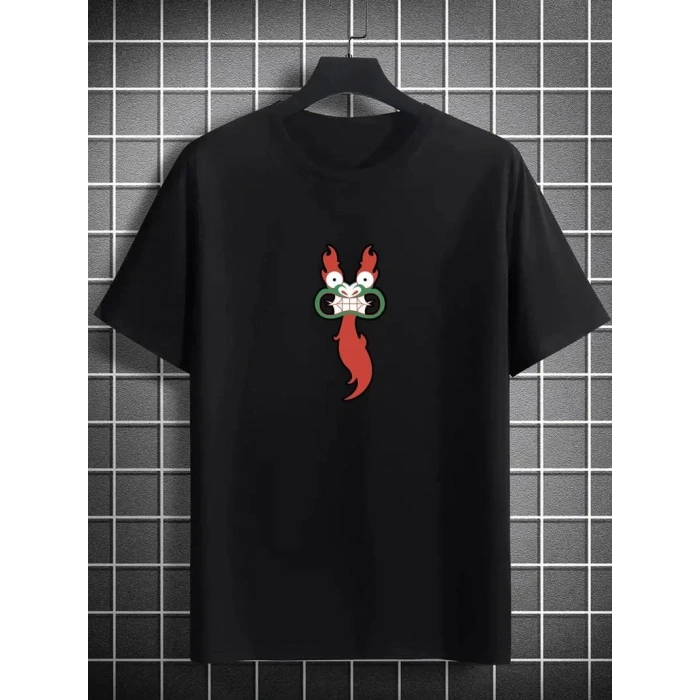 Unisex Bisiklet Yaka Baskılı Oversize T-Shirt - Siyah