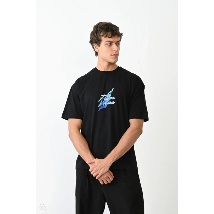 Unisex Bisiklet Yaka Baskılı Oversize T-Shirt - Siyah