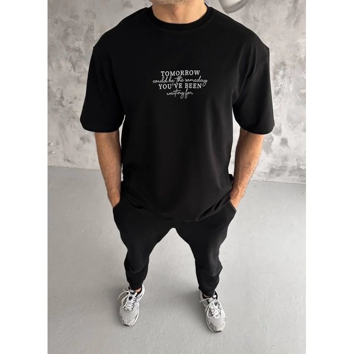 Unisex Bisiklet Yaka Baskılı Oversize T-Shirt - Siyah