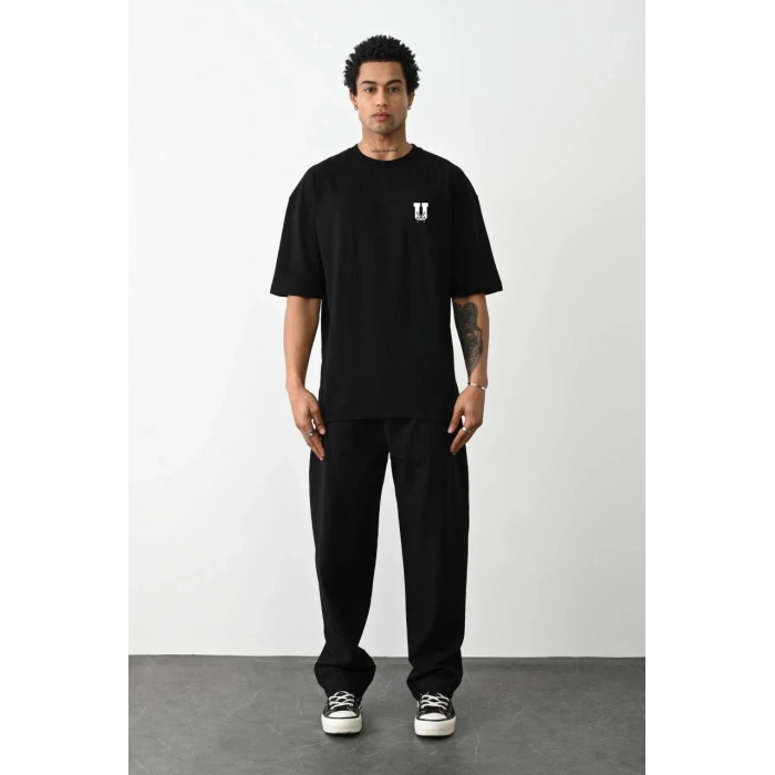 Unisex Bisiklet Yaka Baskılı Oversize T-Shirt - Siyah