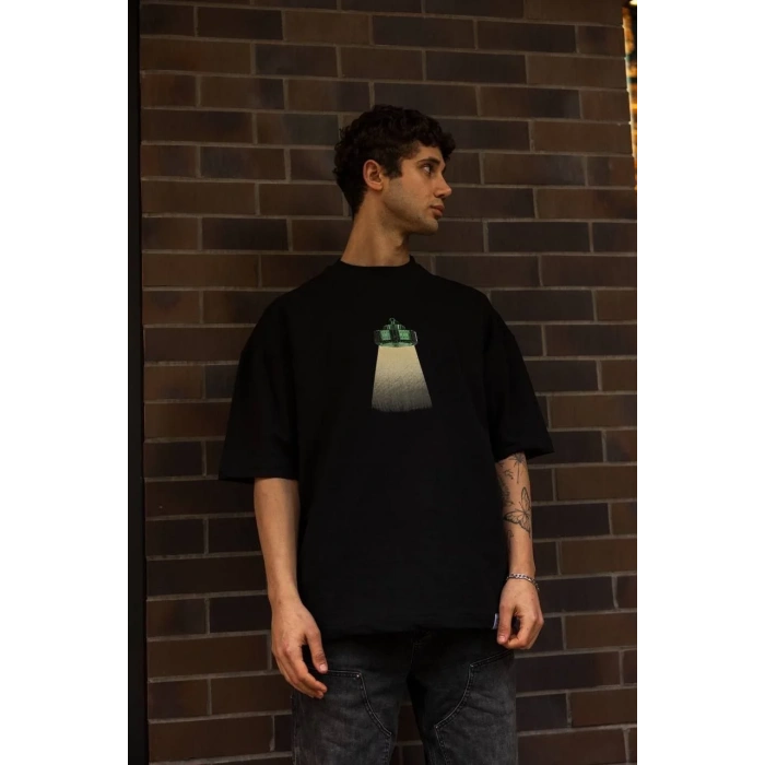 Unisex Bisiklet Yaka Baskılı Oversize T-Shirt - Siyah