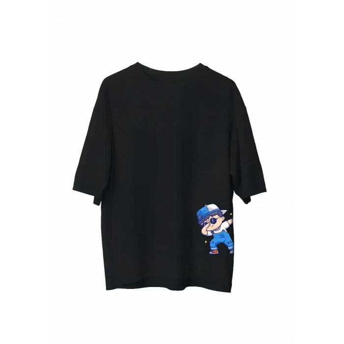 Unisex Bisiklet Yaka Baskılı Oversize T-Shirt - Siyah