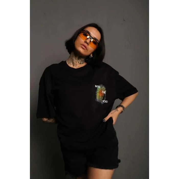 Unisex Bisiklet Yaka Baskılı Oversize T-Shirt - Siyah