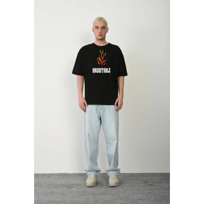 Unisex Bisiklet Yaka Baskılı Oversize T-Shirt - Siyah