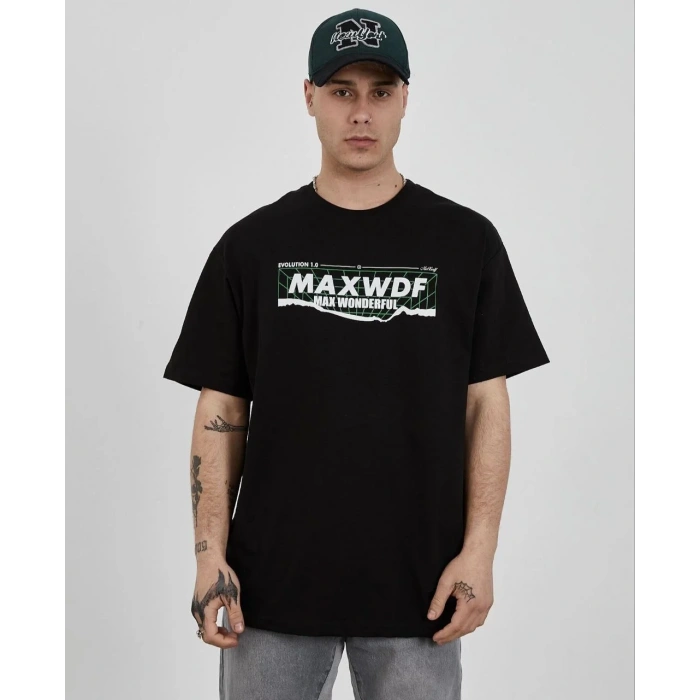 Unisex Bisiklet Yaka Baskılı Oversize T-Shirt - Siyah