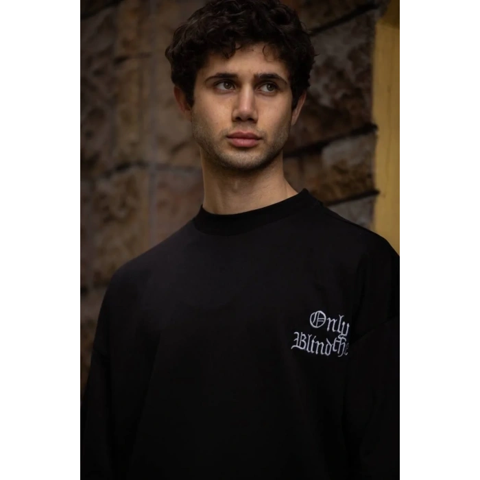 Unisex Bisiklet Yaka Baskılı Oversize T-Shirt - Siyah