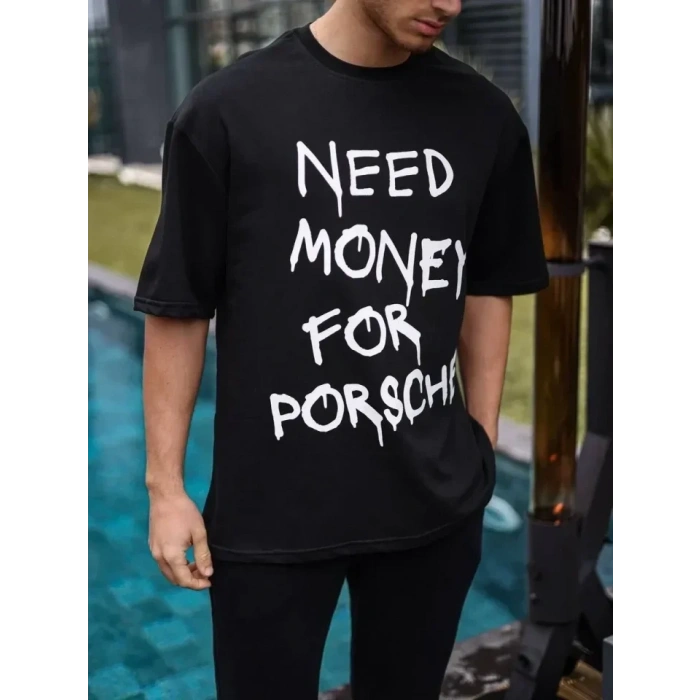 Unisex Bisiklet Yaka Baskılı Oversize T-Shirt - Siyah