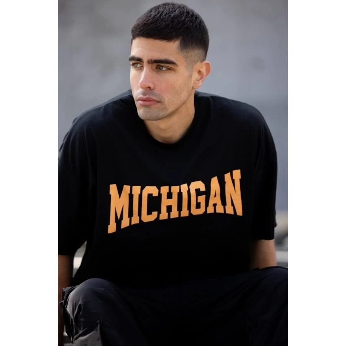 Unisex Bisiklet Yaka Baskılı Oversize T-Shirt - Siyah