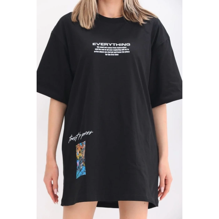 Unisex Bisiklet Yaka Baskılı Oversize T-Shirt - Siyah