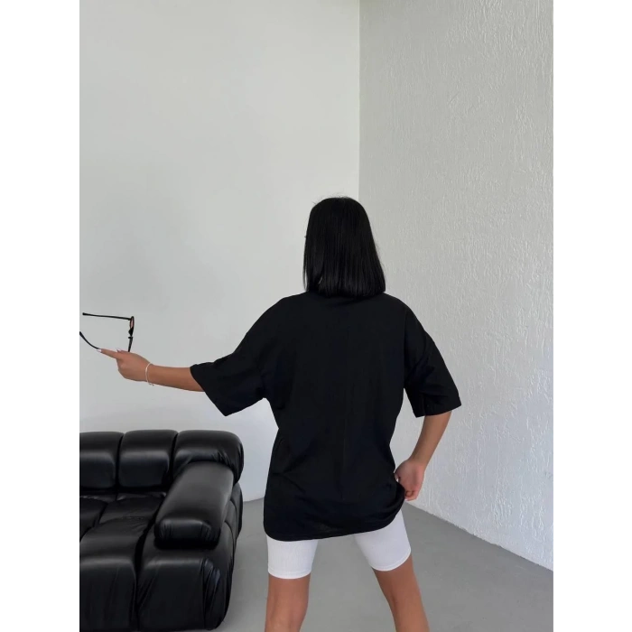 Unisex Bisiklet Yaka Baskılı Oversize T-Shirt - Siyah