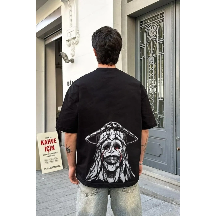 Unisex Bisiklet Yaka Baskılı Oversize T-Shirt - Siyah