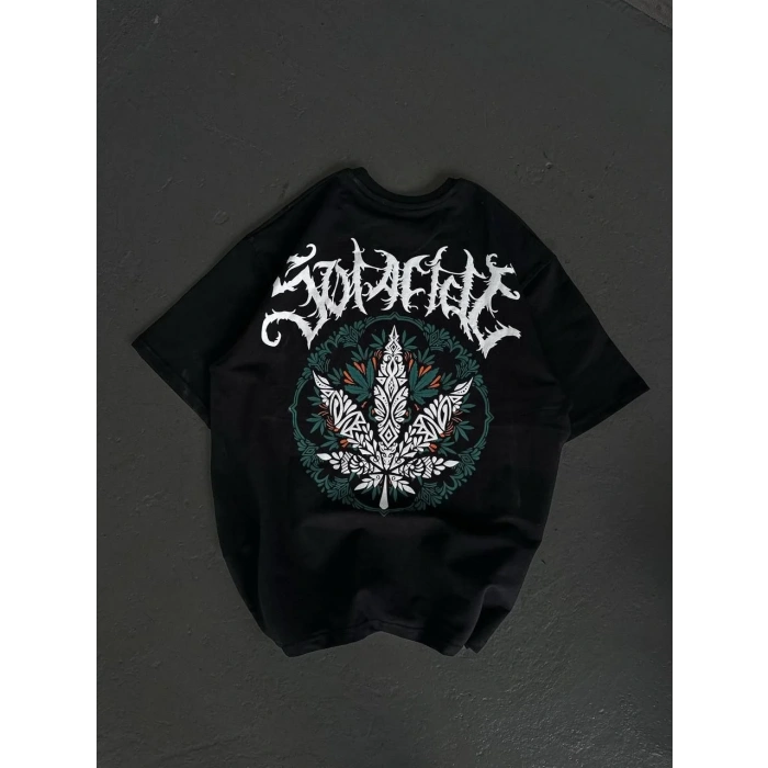 Unisex Bisiklet Yaka Baskılı Oversize T-Shirt - Siyah