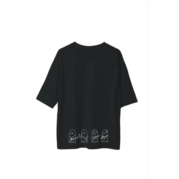 Unisex Bisiklet Yaka Baskılı Oversize T-Shirt - Siyah