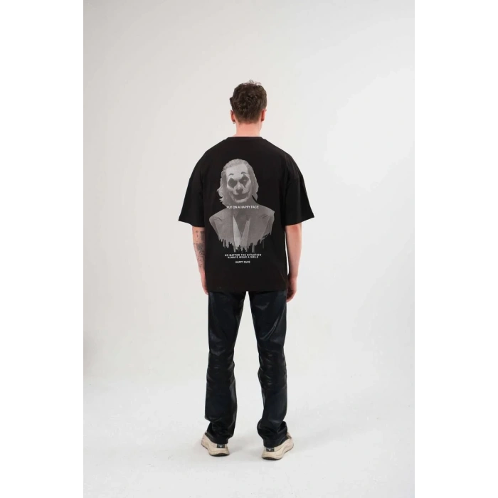 Unisex Bisiklet Yaka Baskılı Oversize T-Shirt - Siyah