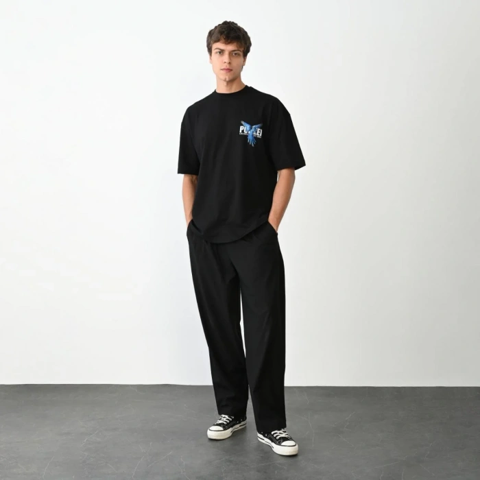 Unisex Bisiklet Yaka Baskılı Oversize T-Shirt - Siyah