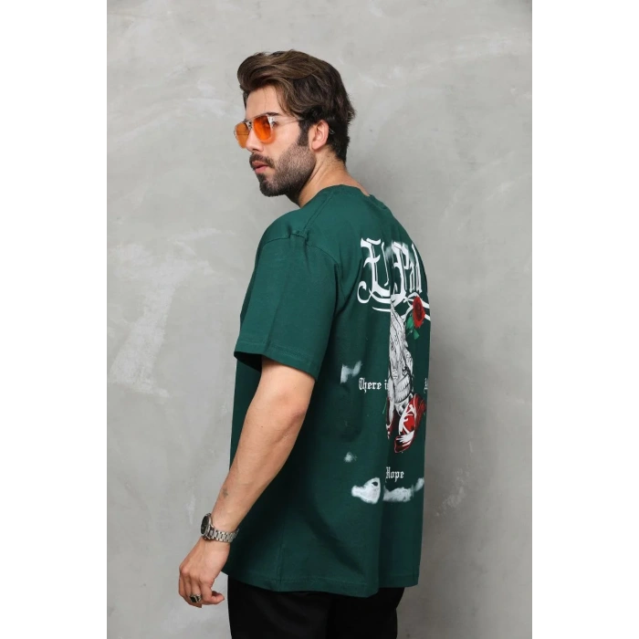 Unisex Bisiklet Yaka Baskılı Oversize T-Shirt - Yeşil