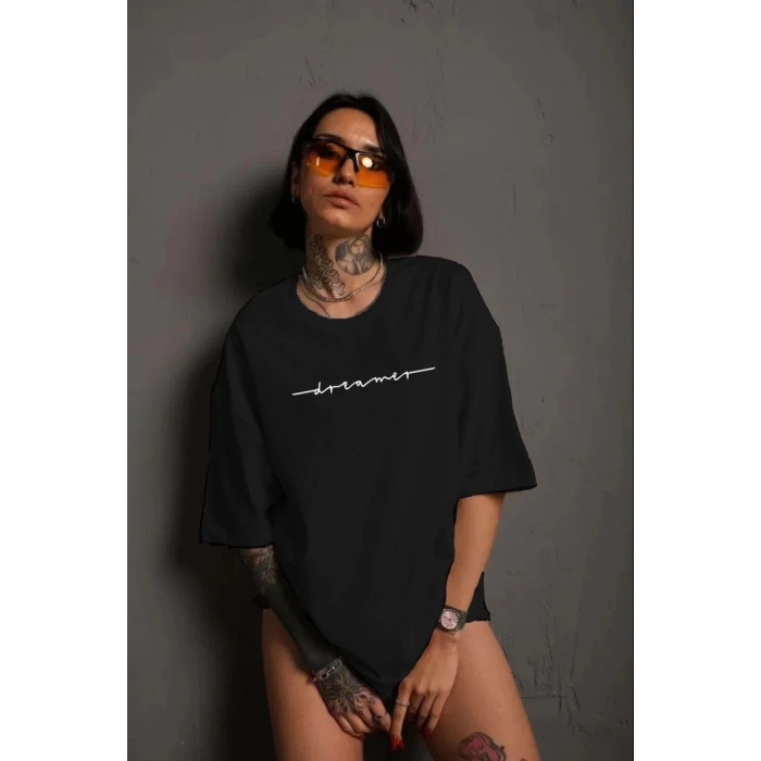 Unisex Kadın Bisiklet Yaka Baskılı T-Shirt - Siyah