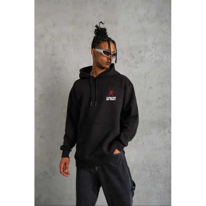 Unisex Kapşonlu Baskılı Sweetshirt - Siyah