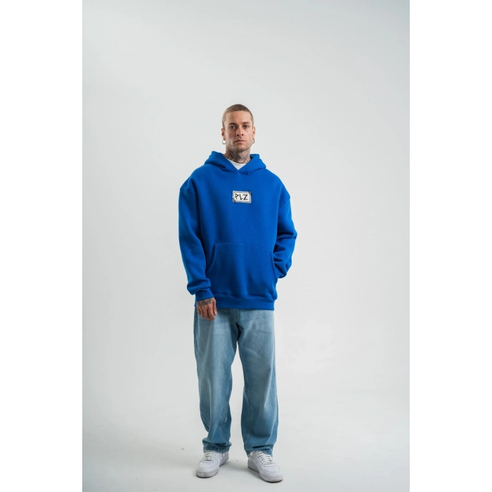 Unisex Kapşonlu Uzun Kol Patchli Nakışlı SweatShirt - Mavi