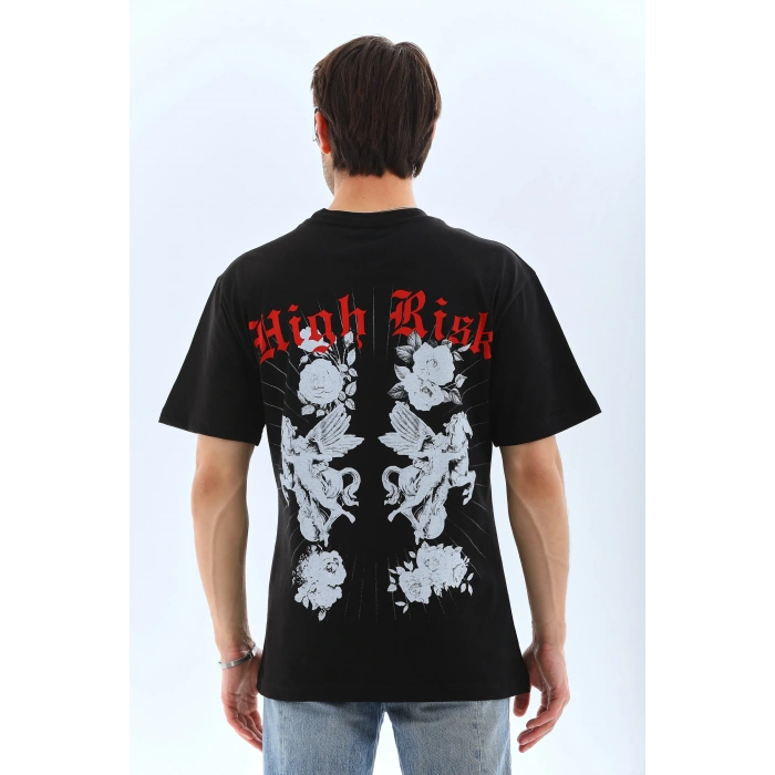 Unisex Oversize Baskılı Bisiklet Yaka T-Shirt - Siyah