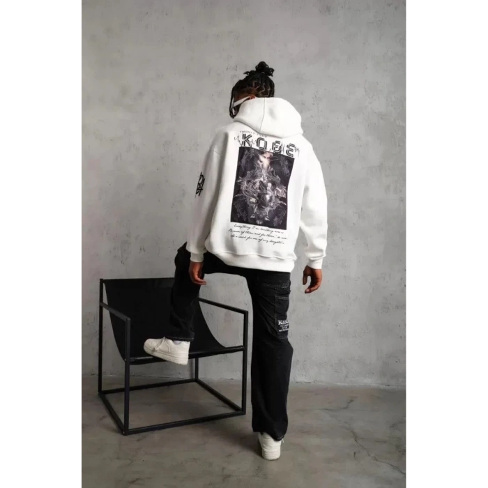 Unisex Sırt Baskılı Kapüşonlu Üç İplik Oversize Sweatshirt - Beyaz