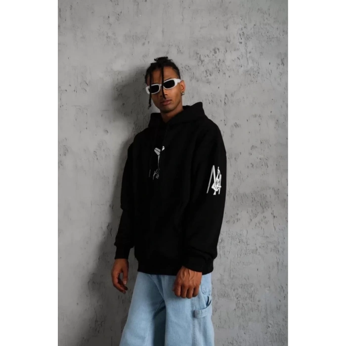 Unisex Sırt Baskılı Kapüşonlu Üç İplik Oversize Sweatshirt - Siyah
