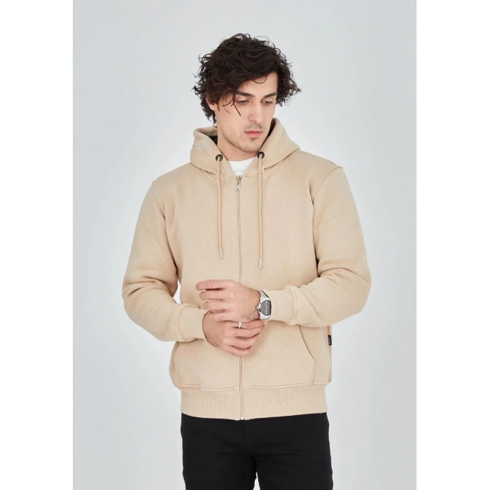 Unisex Tam Fermuarlı Kapşonlu  SweatShirt - Bej
