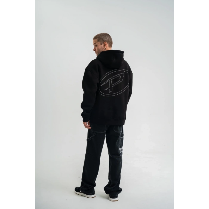 Unisex Üç İplik Kapşonlu Nakışlı SweatShirt - Siyah