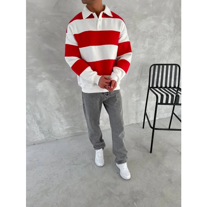 Unisex Üç İplik Parçalı Yakalı SweatShirt - Kırmızı