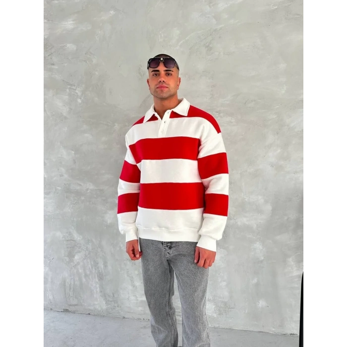 Unisex Üç İplik Parçalı Yakalı SweatShirt - Kırmızı