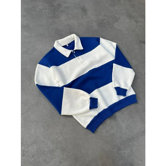 Unisex Üç İplik Parçalı Yakalı SweatShirt - Mavi