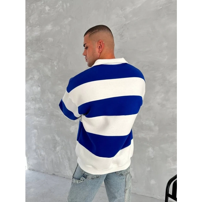 Unisex Üç İplik Parçalı Yakalı SweatShirt - Mavi