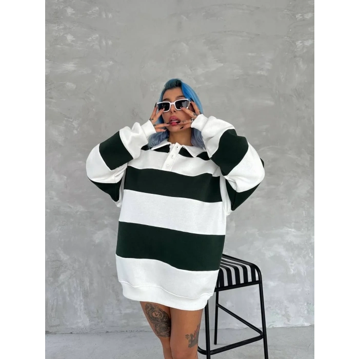 Unisex Üç İplik Parçalı Yakalı SweatShirt - Yeşil